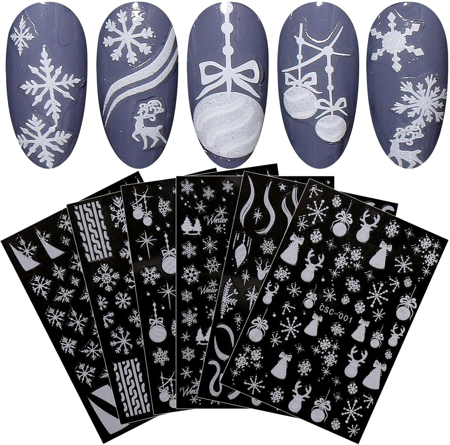 JMEOWIO 8 Sheets Christmas Glitter Nail Art Stickers Decals Self-Adhesive Cute Snowflake Winter Holiday White Nail Supplies Nail Art Design Decoration Accessories-GlimoraGlow