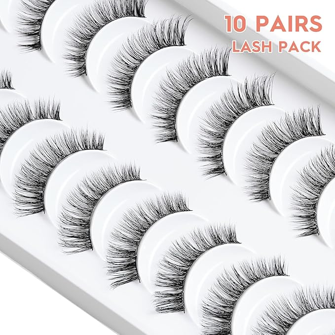 Lashes Wispy False Eyelashes Cat Eye Lashes Natural Look 3D Volume Fake Eyelashes Thin Band Lashes 12mm Natural Eye Lashes C Curl Siligli Lashes Pack 10 Pair-GlimoraGlow