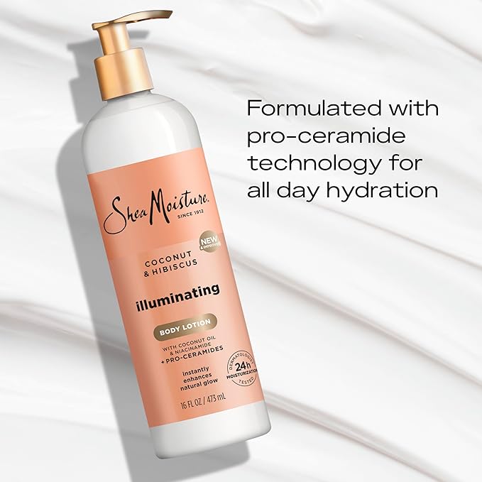 SheaMoisture Illuminating Body Lotion with Coconut Oil, Hibiscus, Niacinamide and Pro-Ceramides, Instantly Enhancing Skin's Natural Glow, 24H Moisturizing 16 oz-GlimoraGlow