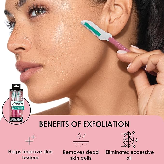 JAPONESQUE Dermaplaner with Soothing Aloe Comfort Strip - Skin Tool with Ultra Precision Blade for Facial Hair Removal and Exfoliation, 3pk.-GlimoraGlow