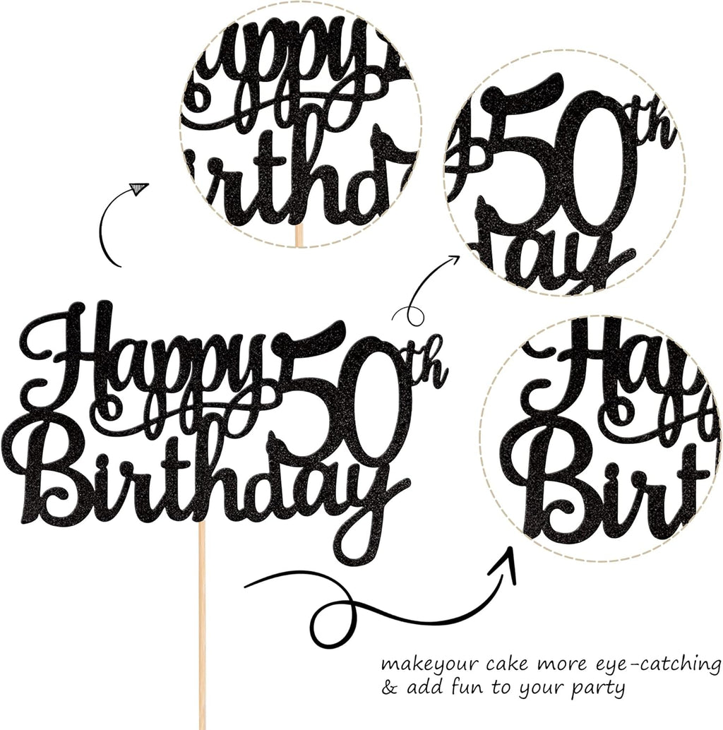 1 PCS Happy 50th Birthday Cake Topper Glitter Cheers to 50 Years Birthday Cake Pick 50 Fabulous Cake Decoration for Happy 50th Birthday Anniversary Party Decorations Supplies Black