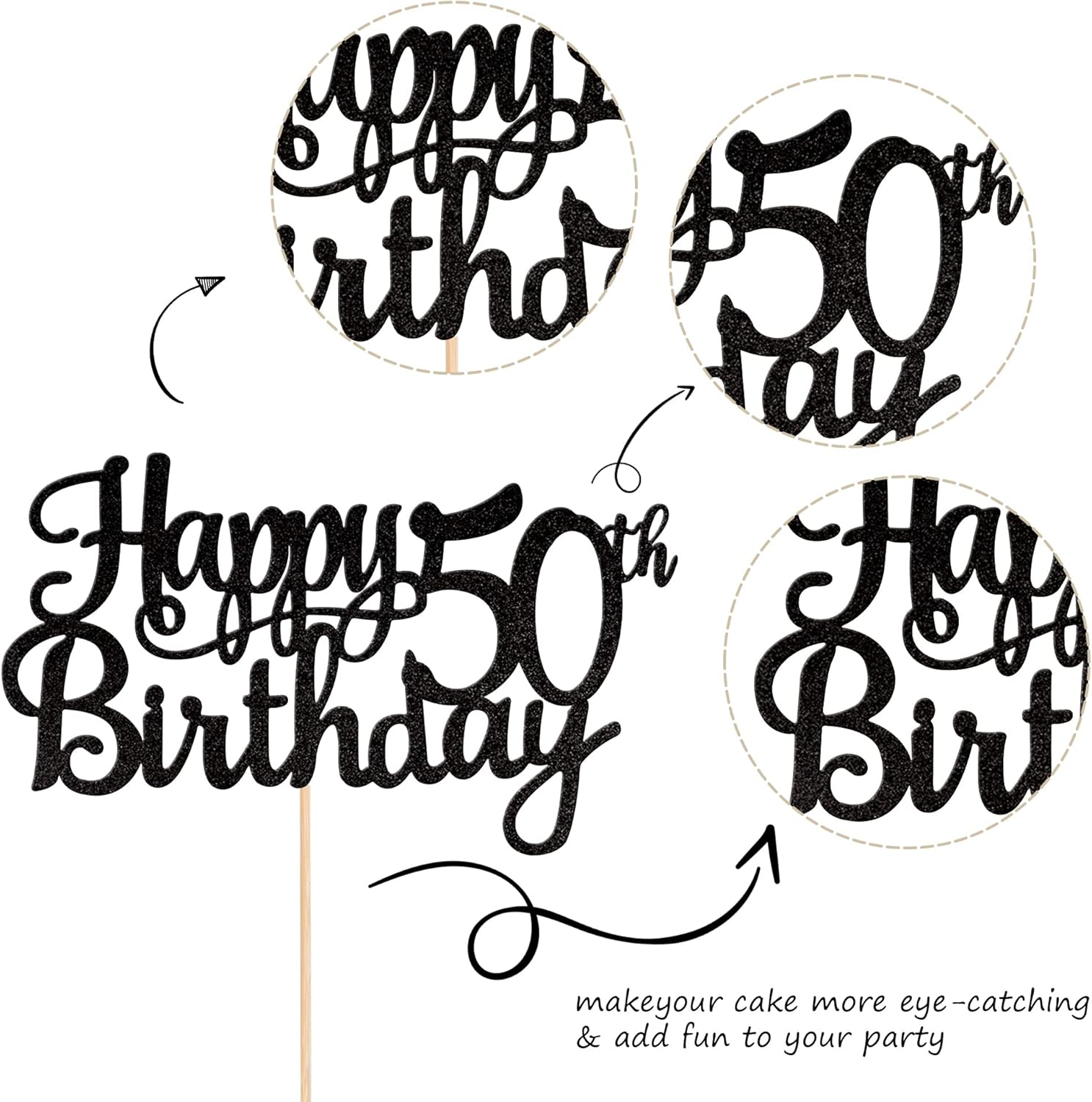 1 PCS Happy 50th Birthday Cake Topper Glitter Cheers to 50 Years Birthday Cake Pick 50 Fabulous Cake Decoration for Happy 50th Birthday Anniversary Party Decorations Supplies Black