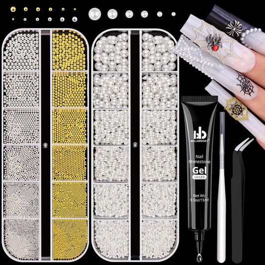 2 Boxes Flatback Pearls (White) and Metal Nail Beads (Silver+Gold) with Rhinestones Glue Gel for Nail Art, Pearl Nail Charms and Small Round Caviar Beads Nail Accessories for Manicure Decor-GlimoraGlow