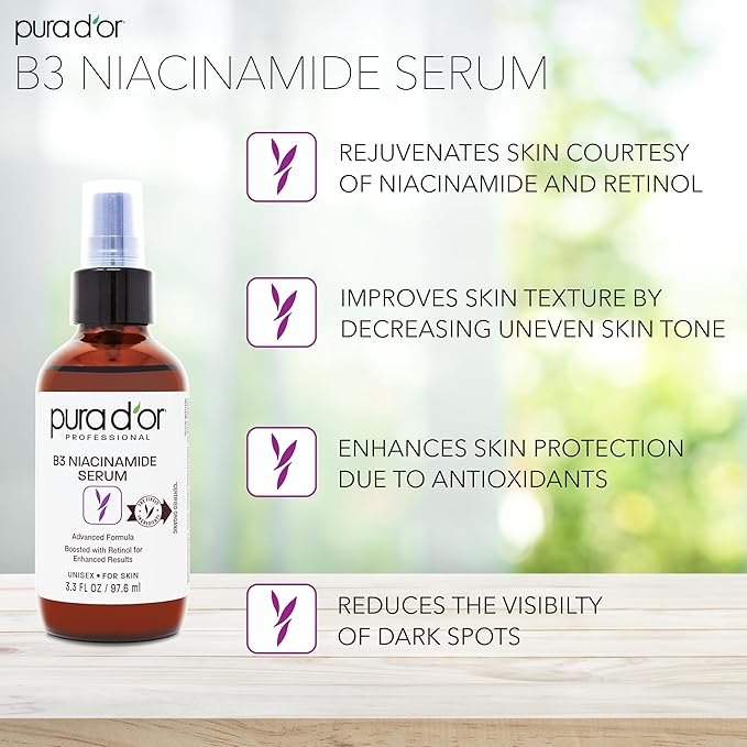 PURA D'OR B3 Niacinamide Advanced Facial Serum (3.3oz x3 = 9.9oz) Skin Care Formula with Retinol For Wrinkles, Hydration & Complexion - All Skin Types, Hypoallergenic - Women & Men-GlimoraGlow