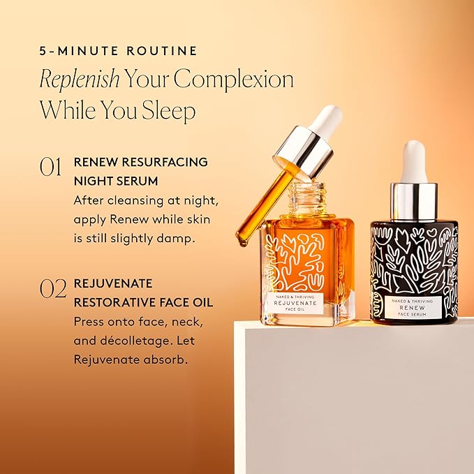 Naked & Thriving The Night Set | Renew Resurfacing Night Serum (30 mL) + Rejuvenate Restorative Face Oil (35 mL) with Hyaluronic Acid, Argan & Sea Buckthorn Oils and Fruit AHAs (Set of 2)-GlimoraGlow