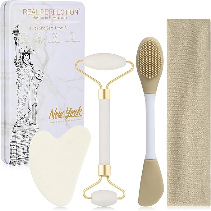 Real Perfection Gua Sha Facial Tools Face Roller for Wrinkles Jade Roller and Gua Sha Set, Scrubber Pore Brush Headband Skin Care Tools for Travel Skincare Routine Massaging Reducing Puffiness - White-GlimoraGlow
