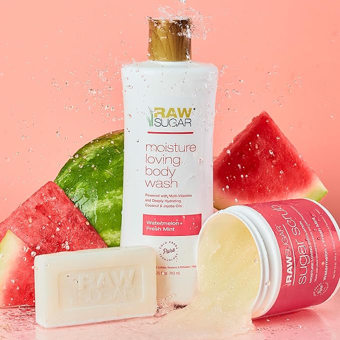 RAW SUGAR Simply Body Wash Variety Trio (25 Fl Oz, Pack of 3) Vegan Bath & Shower Gel, Raw Coconut + Mango, Pineapple + Maqui Berry + Coconut and Watermelon + Fresh Mint, No Sulfates & Parabens-GlimoraGlow