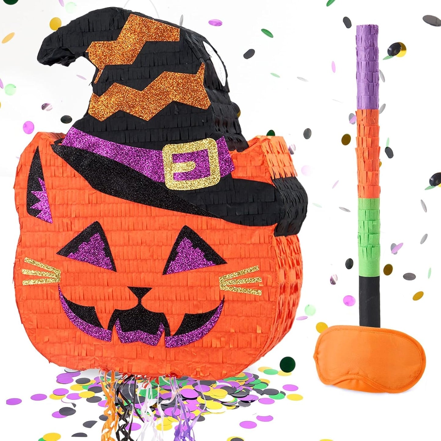 WERNNSAI Halloween Pumpkin Pinata - Halloween Pumpkin Party Decorations Black Cat Party Games for Kids Baby Hallows Eve Supply Jack O Lantern Pumpkin Design with Bat Blindfold