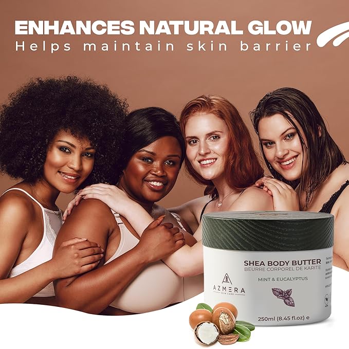 AZMERA Handcrafted Whipped Shea Body Butter – Refreshing Mint & Eucalyptus Scented Moisturizer for Dry, Sensitive Skin, Argan Oil & Vitamin E – Vegan, Non-Greasy Skincare – 8.82 oz-GlimoraGlow