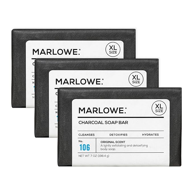 MARLOWE. No. 106 Charcoal Soap 7 oz (3 Bars) Body Bar Soap for Men, Cleansing, Purifying & Hydrating with Natural Extracts, Shea Butter, Olive Oil & Green Tea Extracts, Fresh Woodsy Scent-GlimoraGlow