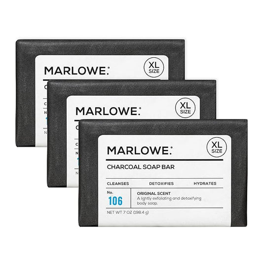 MARLOWE. No. 106 Charcoal Soap 7 oz (3 Bars) Body Bar Soap for Men, Cleansing, Purifying & Hydrating with Natural Extracts, Shea Butter, Olive Oil & Green Tea Extracts, Fresh Woodsy Scent-GlimoraGlow