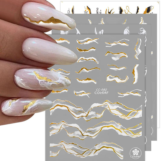 12 Sheets Nail Art Stickers Decals,TOROKOM Self-Adhesive White Black Gold Stripe Line Nail Decals Marble Wave Nail Sticker Supplies for 3D Nail Design Nail Accessories for Women French Nail Decoration-GlimoraGlow