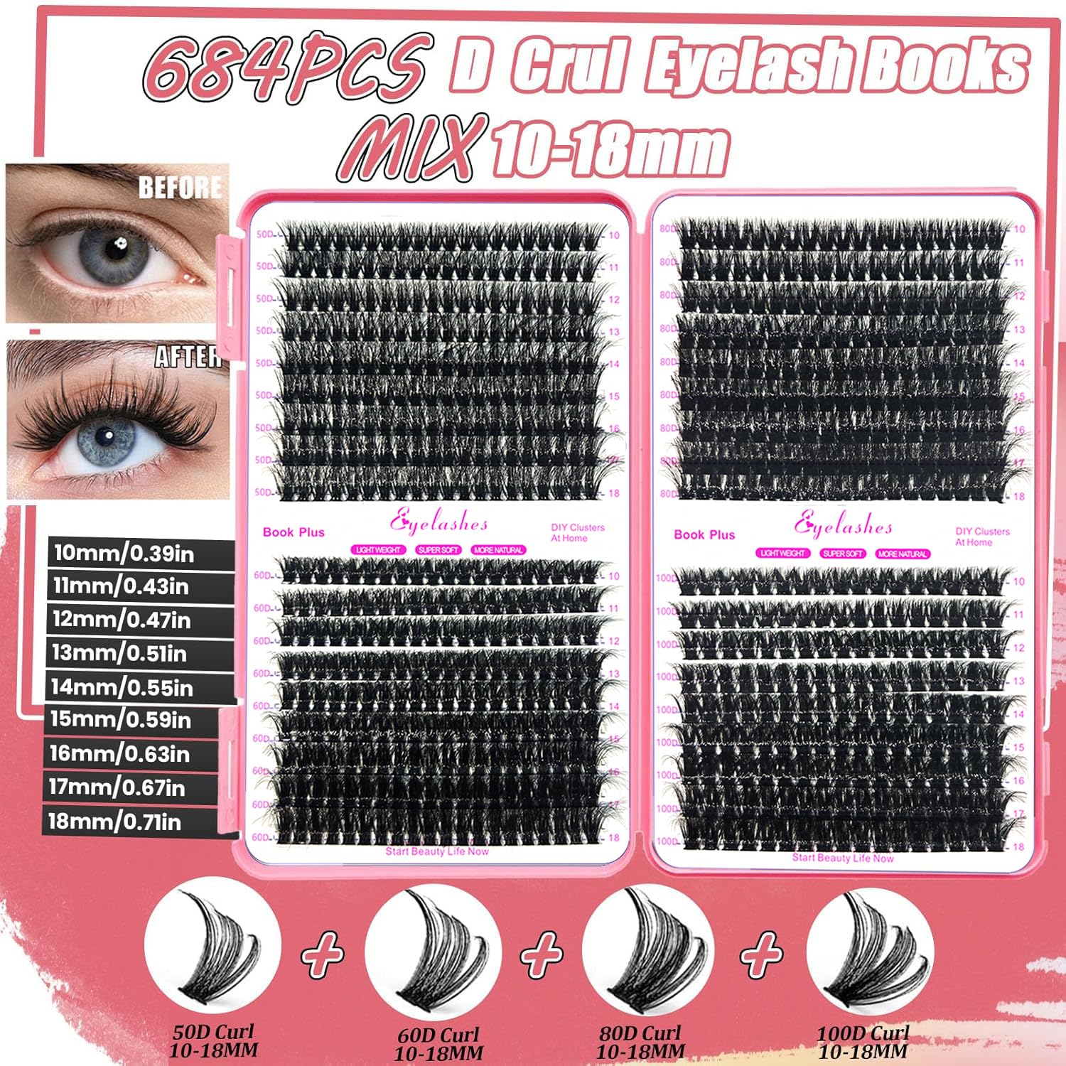 DIY Lash Extension Kit 684Pcs D Curl 10-18mm Lashes Clusters with Lash Shampoo Lash Bond and Seal Glue Remover Cleansing Brush Headband Wristband Tweezers Eyelash Brush Applicator-GlimoraGlow