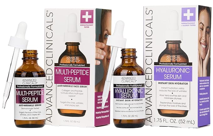 Advanced Clinicals Hyaluronic Acid Moisturizer Face Serum + Collagen Peptide Facial Serum Skin Care Set | Hydrating Serums For Diminishing Appearance Of Wrinkles, Dry Skin, Fine Lines, Set Of 2-GlimoraGlow