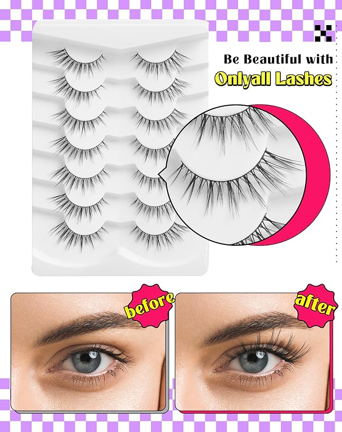 Onlyall Wispy Lashes - Natural Flared False Eyelashes, Soft Fluffy, 7 Pairs DK56-GlimoraGlow
