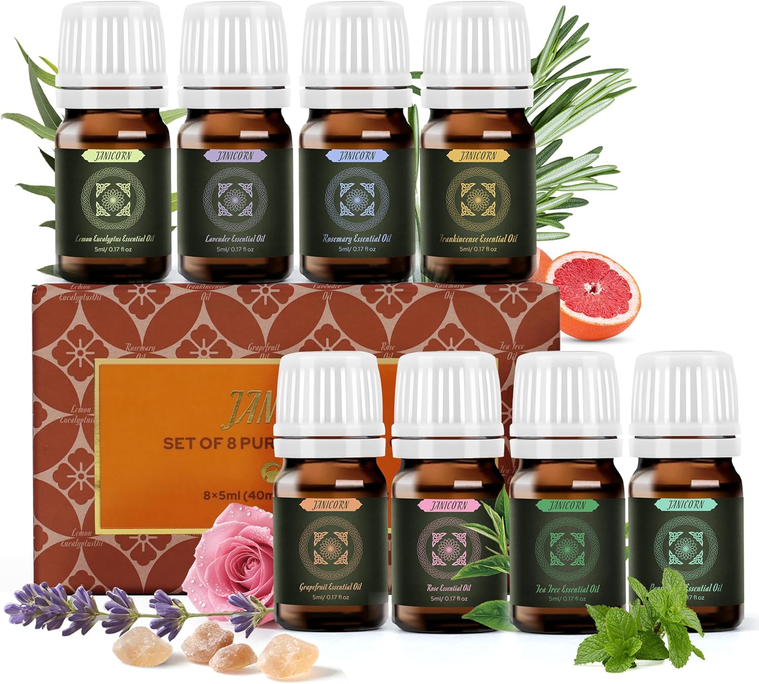 100% Pure & Undiluted Single Essential Oils Gift Set – 8×5ml for Diffuser, Sauna, Aromatherapy, Spa & Candle Making – Lavender, Frankincense, Lemon Eucalyptus, Rosemary, Peppermint & More-GlimoraGlow