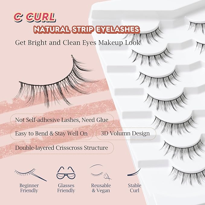 Manga Lashes Natural False Eyelashes 10MM Short Anime Lashes Thin Band Korean Lashes 3D Volume Strip Lashes Wispy Manhua Eyelashes 7 Pair Asian Lashes Siligli-GlimoraGlow