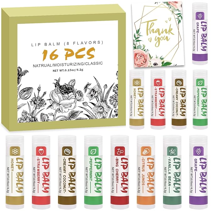 16 Pack Lip Balm, Natural Lip Balm Bulk with Vitamin E and Coconut Oil, Moisturizing Lip Balm for Dry Cracked Lips, Lip Balm for Stocking Stuffers - 8 Flavors-GlimoraGlow