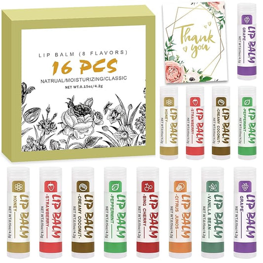 16 Pack Lip Balm, Natural Lip Balm Bulk with Vitamin E and Coconut Oil, Moisturizing Lip Balm for Dry Cracked Lips, Lip Balm for Stocking Stuffers - 8 Flavors-GlimoraGlow