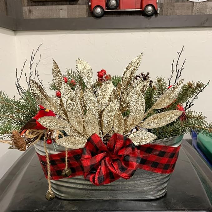 GREENTIME 12 Pack Artificial Light Golden Glitter Leaves 13" Fake Christmas Picks Decorative Glitter Sticks for Vase Christmas Tree DIY Wreath Crafts Fireplace Decor