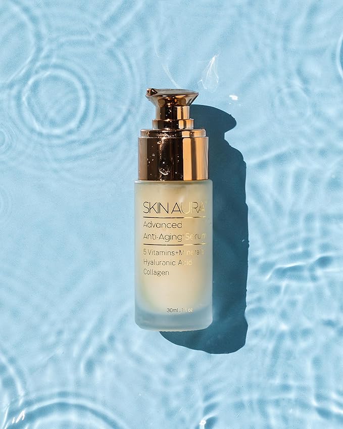 SKIN AURA Advanced Anti-Aging Serum - All-In-One Formula Visibly Improves Wrinkles, Fine Lines & Age Spots with 5 Vitamins + Minerals, Hyaluronic Acid & Collagen Peptides - 30ml (1oz)-GlimoraGlow