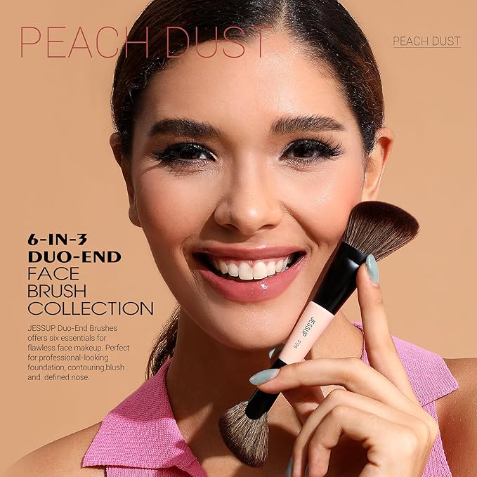 Jessup Face Makeup Brushes 3pcs Double Ended Makeup Brush Set for Foundation Contour Blush Highlight and Powder, Premium Synthetic Make up Brushes Peach Dust T508-GlimoraGlow