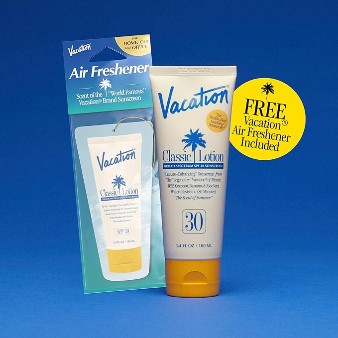 Vacation Classic Sunscreen Lotion SPF 30 & Air Freshener Bundle, Water-Resistant, Lightweight, Transparent on All Skin Tones, Dermatologist-Tested, Vegan, Travel Size, 3.4 Fl. Oz.-GlimoraGlow