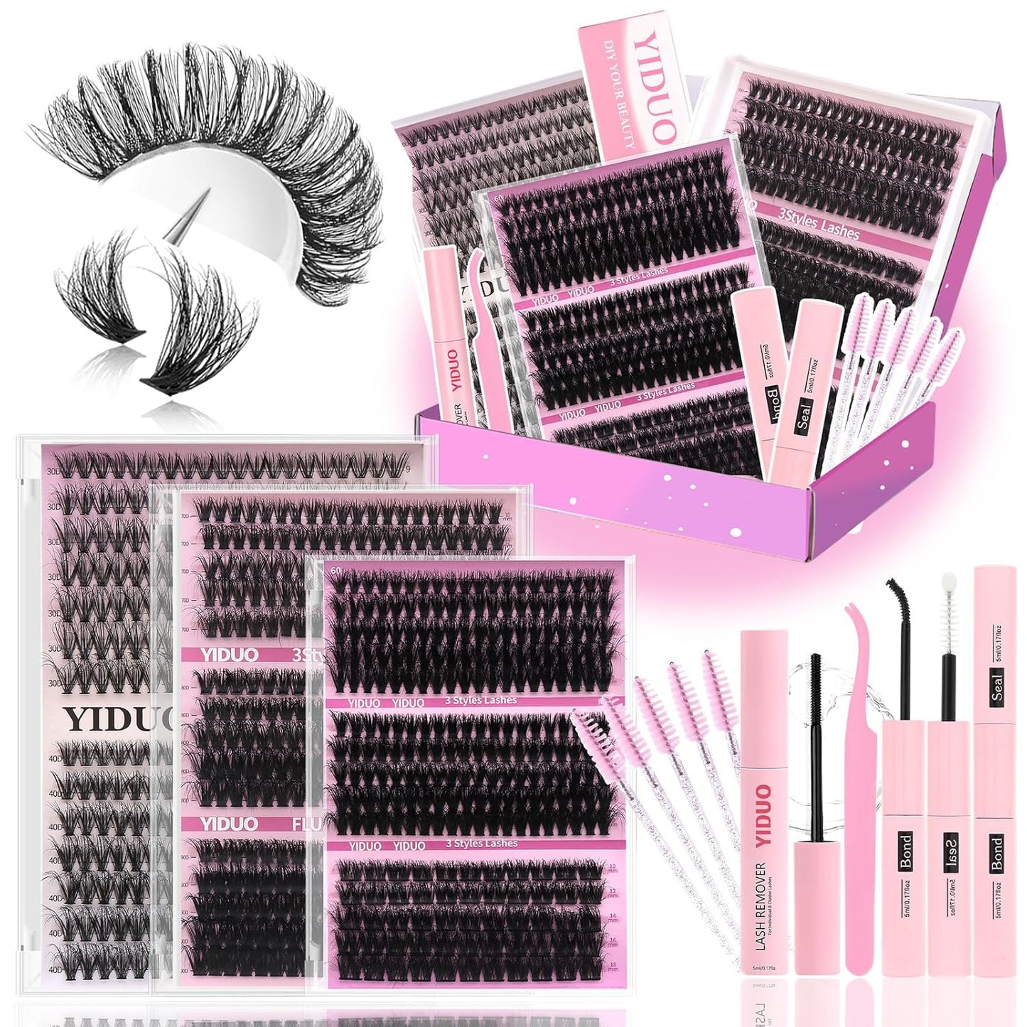 Lashes 7 style Mixed C-Curl False Eyelashes Extensions Clusters Lashes Kit Gift Packs 835Pcs with Bond&Seal Faux Mink Individual Lash Wholesale Pack DIY Individual Fake Eyelashes Box-GlimoraGlow