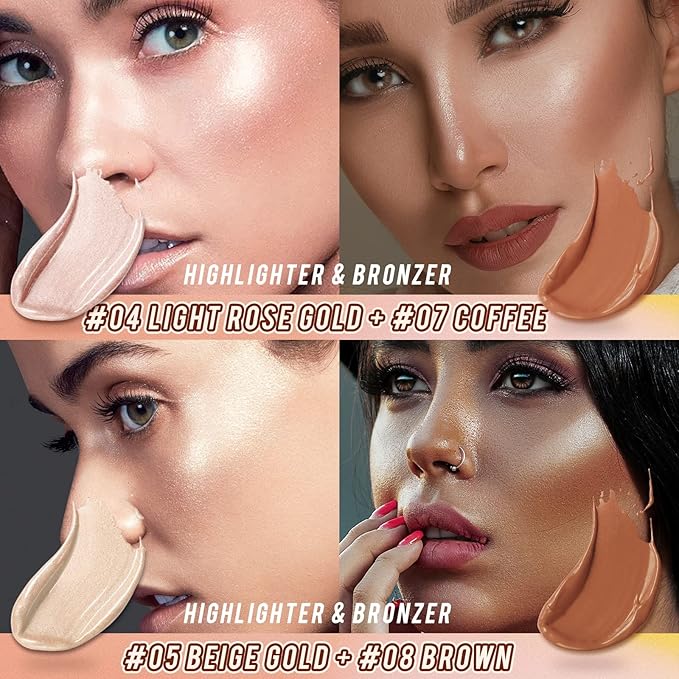 2 Pcs Cream Contour Stick Makeup Kit, Cream Highlighter Stick & Contour Bronzer Stick for Cheeks, Lightweight Blendable Smooth -Highlighter & Bronzer (#04 Light Rose Gold #07 Coffee)-GlimoraGlow