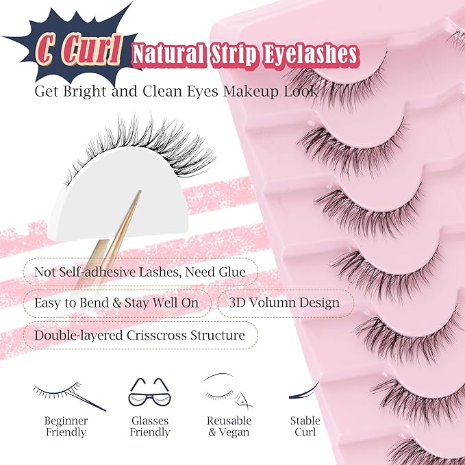Cat Eyelashes Natural Eye Lashes 12mm False Lashes Wispy Thin Band 3D Volume Fake Eyelash C Curl Lash Pack Natural Look 7 Pair-GlimoraGlow