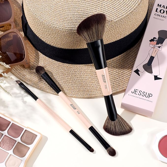 Jessup Travel Makeup Brushes Set 3pcs, Double Sided Contour Brush Dual Ended Eye Shadow Shader Eyeliner Brush, Multi-functional Makeup Set Peach Dust T507-GlimoraGlow