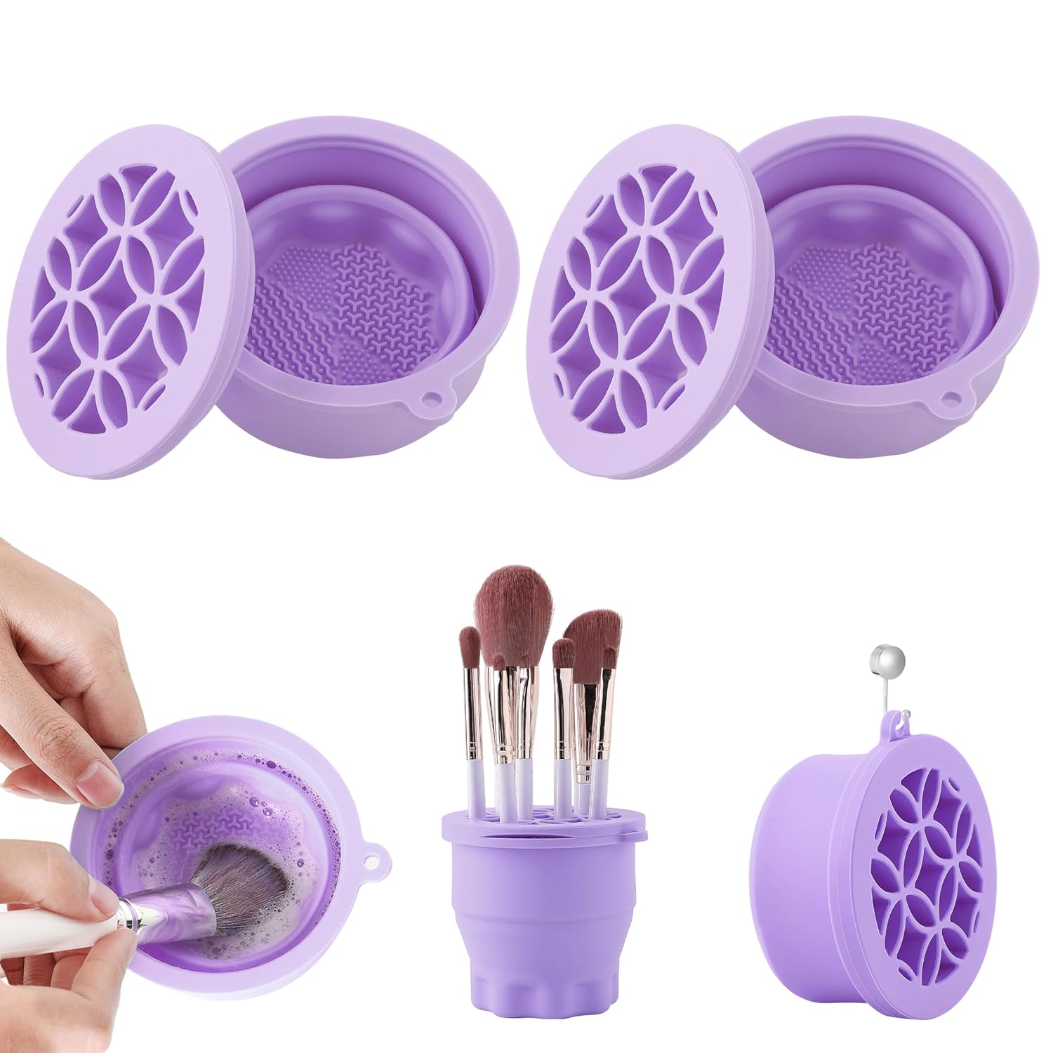 Makeup Brush Cleaner - Foldable Silicone Makeup Brush Cleaner Mat with Brush Storage Holder Makeup Brush Cleaning Bowl Cosmetic Brush Washing Tool for Cleaning Organizer and Drying (Purple and Purple)-GlimoraGlow