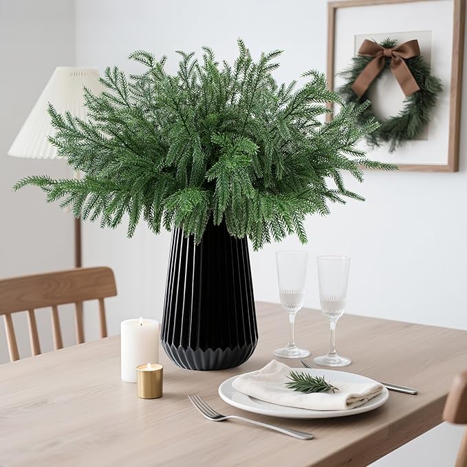 24 Pcs Christmas Norfolk Pine Branches, Artificial Pine Christmas Stems Real Touch Faux Greenery Pine Picks for Vase DIY Garland Wreath Home Indoor Outdoor Decoration