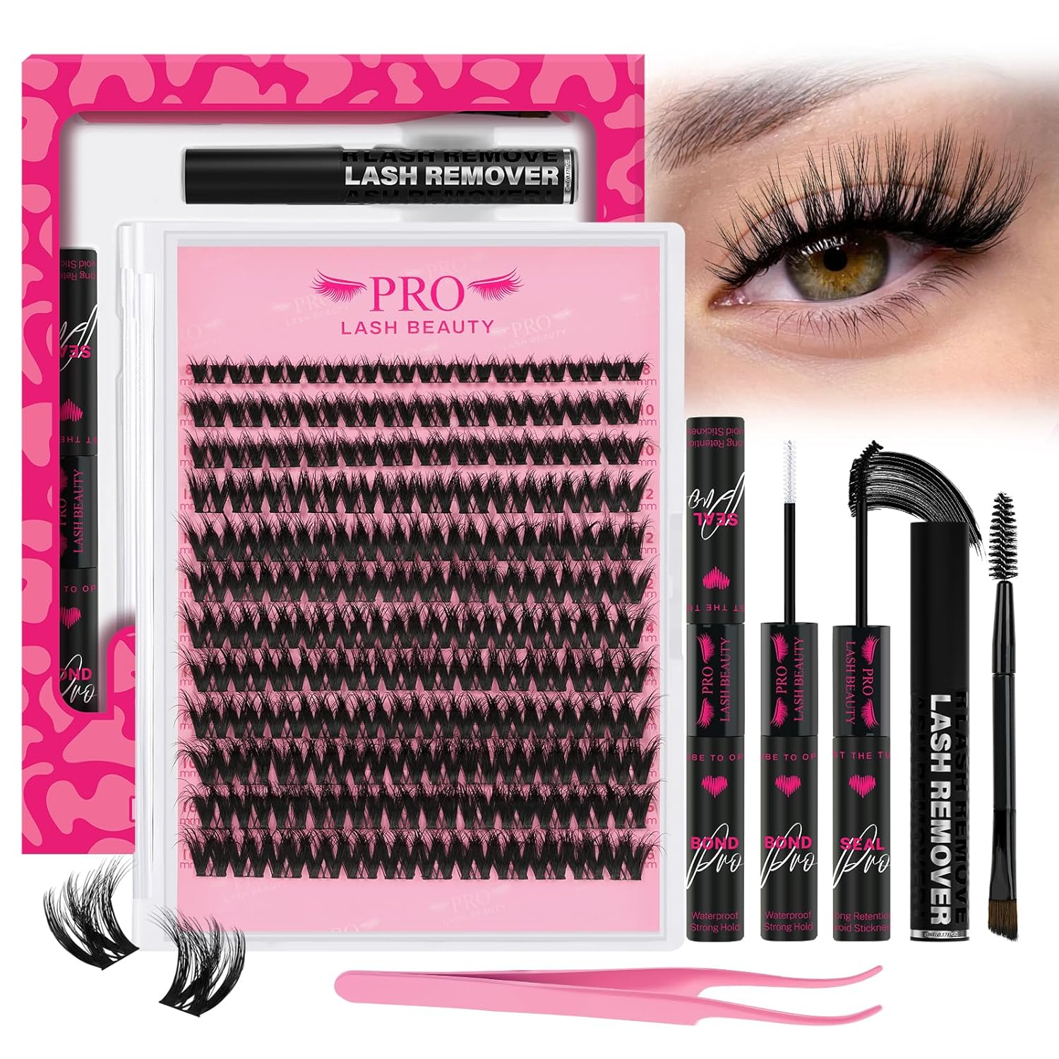 PROLASHBEAUTY Lash Clusters Kit Flora Eyelash Clusters 3D Volume Dramatic Soft Plushy Clusters Lashes Kit with Waterproof Lash Bond and Seal Eyelash Applictor Remover (Sunrise,8-16mix)-GlimoraGlow