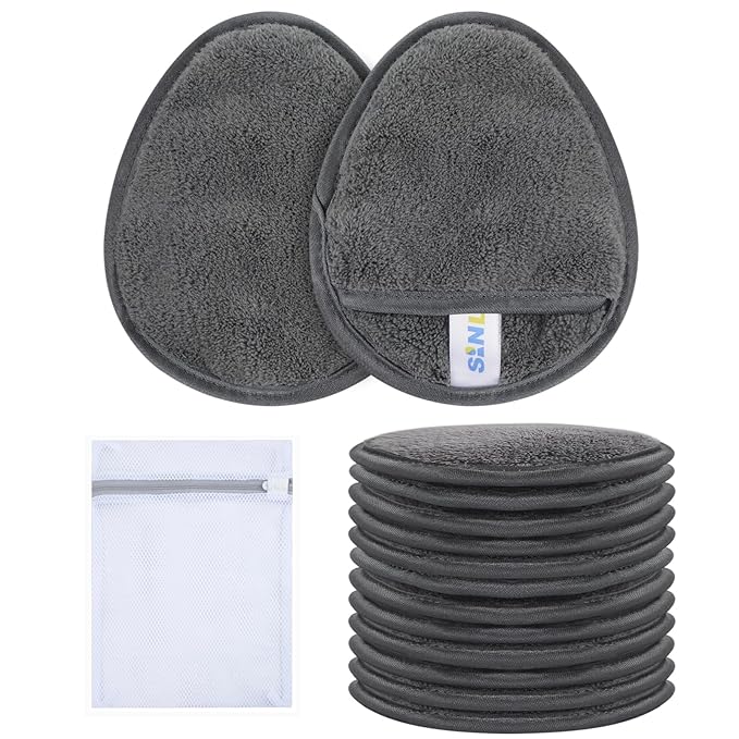 SINLAND Reusable Makeup Remover Pads For Face,Eye,Lips Microfiber Gentle Facial Cleansing Cloths for All Skin Types Friendly for Makeup Remover With Laundry Bag 5.1inchx3.93inch Grey Pack of 12-GlimoraGlow