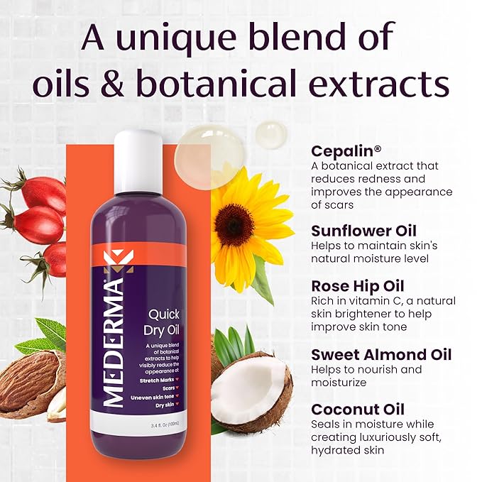 Mederma Quick Dry Oil, Scar and Stretch Mark Treatment, Helps to Improve the Appearance with Natural Botanical Extracts, Paraben Free, Fast-Absorbing, 3.4oz (100ml)-GlimoraGlow