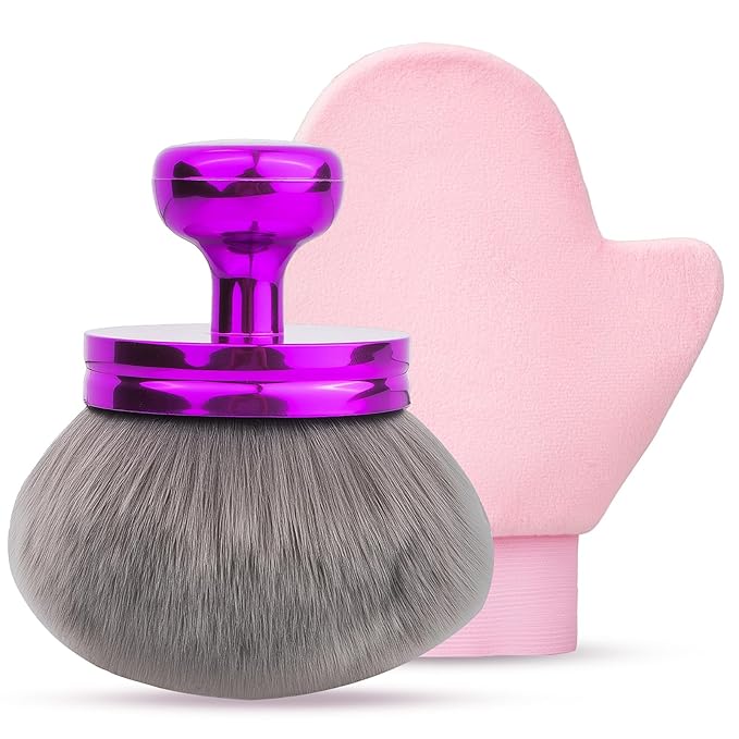 Self Tanner Brushes- Extra Large Body Kabuki Brush & Tanning Mitt, 2 Pcs, Big Body Makeup Brush for Legs, Face, Soft Self Tanning Glove Applicator for Fake Tan, Foundation, Lotion, Makeup (Purple)-GlimoraGlow