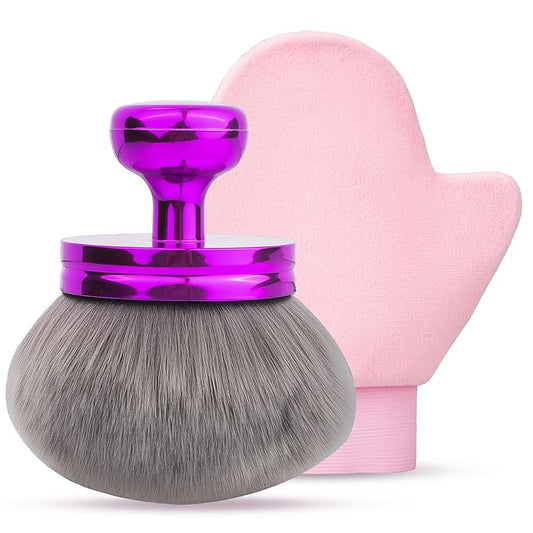 Self Tanner Brushes- Extra Large Body Kabuki Brush & Tanning Mitt, 2 Pcs, Big Body Makeup Brush for Legs, Face, Soft Self Tanning Glove Applicator for Fake Tan, Foundation, Lotion, Makeup (Purple)-GlimoraGlow
