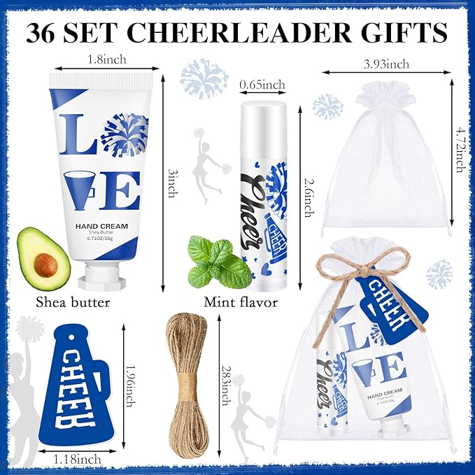 144 Pcs Blue Cheer Favors Natural Bulk Lip Balm and Hand Cream Set, Include 36 Lip Balm 36 Moisturizing Hand Cream 36 Bags 36 Card and Rope cheer accessories for Team Sports Party Supplies-GlimoraGlow
