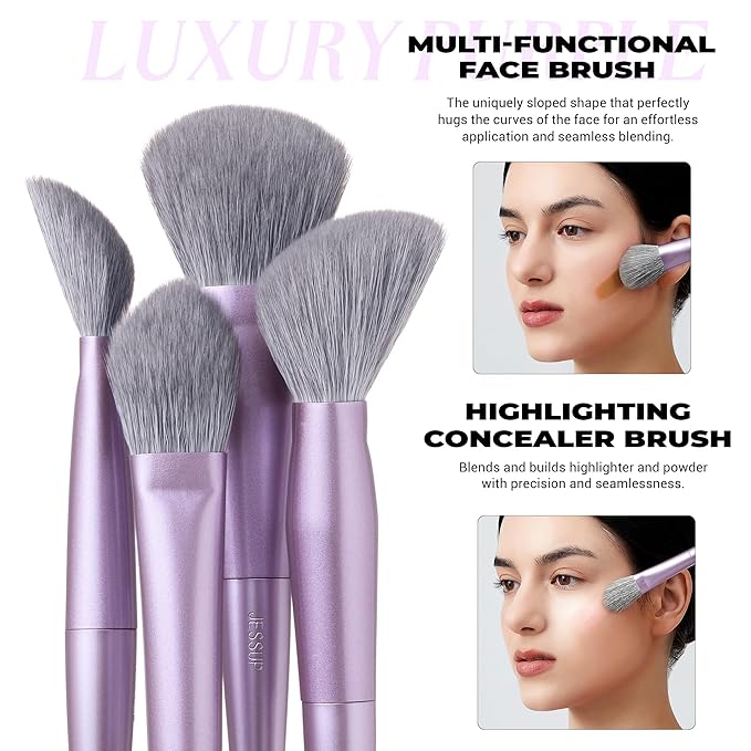 Jessup Makeup Brushes Face 5pcs, Premium Synthetic Make Up Brushes Set for Foundation Contour Blush Highlighter and Powder, Luxury Purple T514-GlimoraGlow