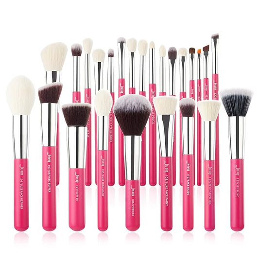 Jessup Brand 25pcs Professional Makeup Brush Set Beauty Cosmetic Foundation Powder Blusher Eye Shadow Blending Concealer Highlight Natural-Synthetic Hair Brushes Set (Rose Carmine/Silver)-GlimoraGlow