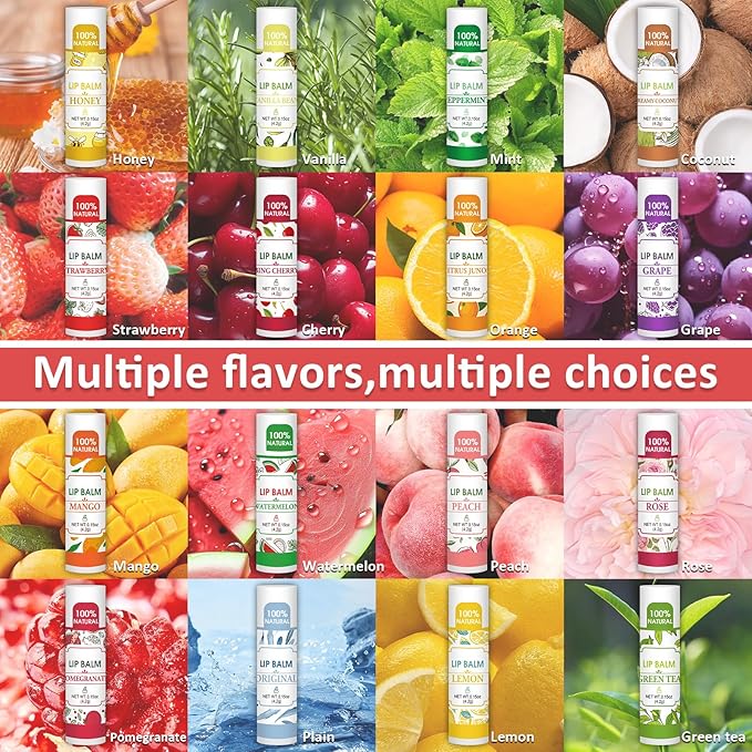 16 Pack Lip Balm, 100% Natural Lip Balm Bulk with Vitamin E and Coconut Oil, Moisturizing Lip Balm for Dry Lips - 16 Flavors-GlimoraGlow