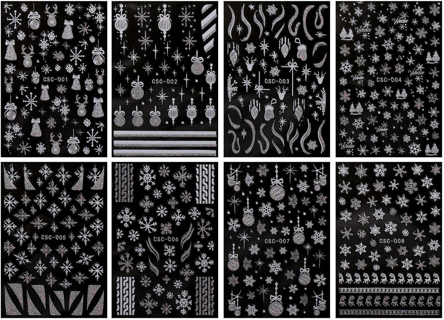 JMEOWIO 8 Sheets Christmas Glitter Nail Art Stickers Decals Self-Adhesive Snowflake Winter Holiday Cute Silver White Nail Supplies Nail Art Design Decoration Accessories-GlimoraGlow