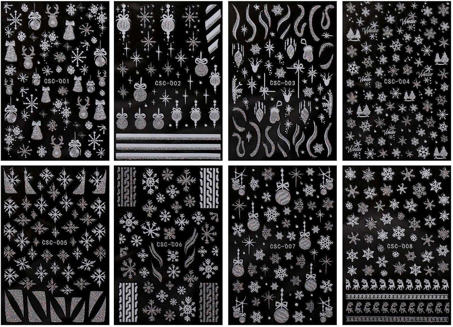 JMEOWIO 8 Sheets Christmas Glitter Nail Art Stickers Decals Self-Adhesive Snowflake Winter Holiday Cute Silver White Nail Supplies Nail Art Design Decoration Accessories-GlimoraGlow
