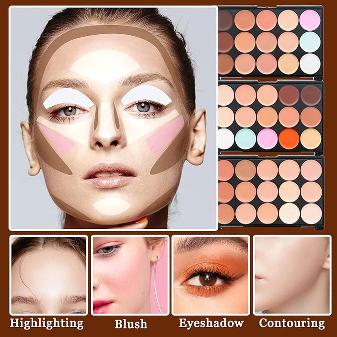 15 Color Contour Palette,Waterproof Long Lasting Facial Correcting Concealer Palettes,Cream Foundation Makeup Palettes with Brushes,Color Correcting Palettes for Women (3 Pack)-GlimoraGlow