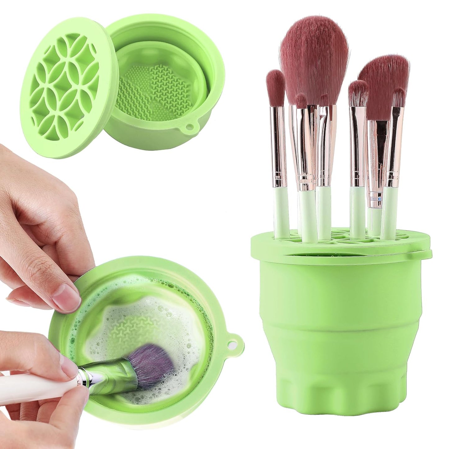 Makeup Brush Cleaner - Foldable Silicone Makeup Brush Cleaner Mat with Brush Storage Holder Makeup Brush Cleaning Bowl Cosmetic Brush Washing Tool for Cleaning Organizer and Drying (Green)-GlimoraGlow