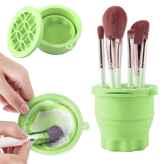 Makeup Brush Cleaner - Foldable Silicone Makeup Brush Cleaner Mat with Brush Storage Holder Makeup Brush Cleaning Bowl Cosmetic Brush Washing Tool for Cleaning Organizer and Drying (Green)-GlimoraGlow