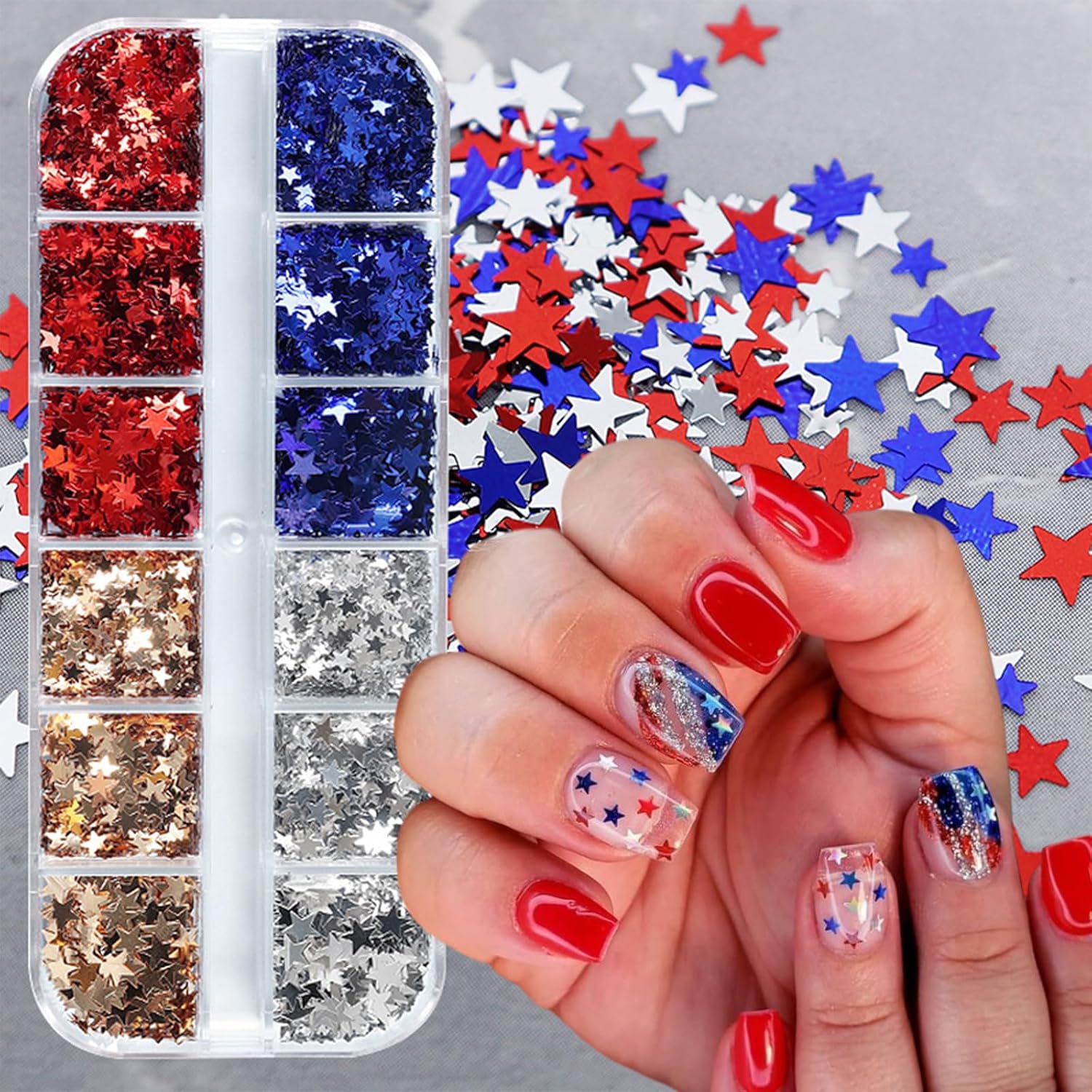 12 Grids Independence Day Nail Sequins，3D Holographic Nails Glitter Laser Star Nail Shining Flakes for Fourth of July Five-Pointed Star Mixed Sequins for America Patriotic Face Makeup Nail Decoration-GlimoraGlow