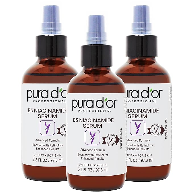 PURA D'OR B3 Niacinamide Advanced Facial Serum (3.3oz x3 = 9.9oz) Skin Care Formula with Retinol For Wrinkles, Hydration & Complexion - All Skin Types, Hypoallergenic - Women & Men-GlimoraGlow