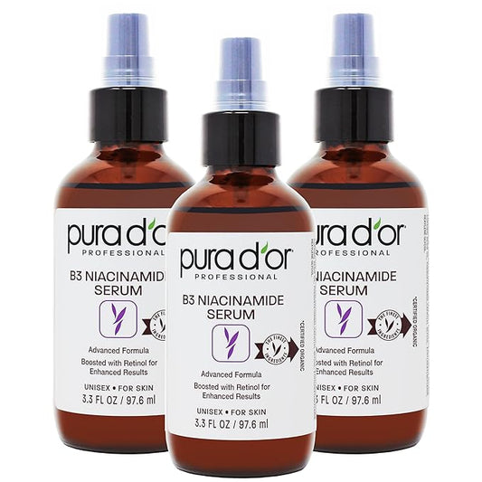 PURA D'OR B3 Niacinamide Advanced Facial Serum (3.3oz x3 = 9.9oz) Skin Care Formula with Retinol For Wrinkles, Hydration & Complexion - All Skin Types, Hypoallergenic - Women & Men-GlimoraGlow